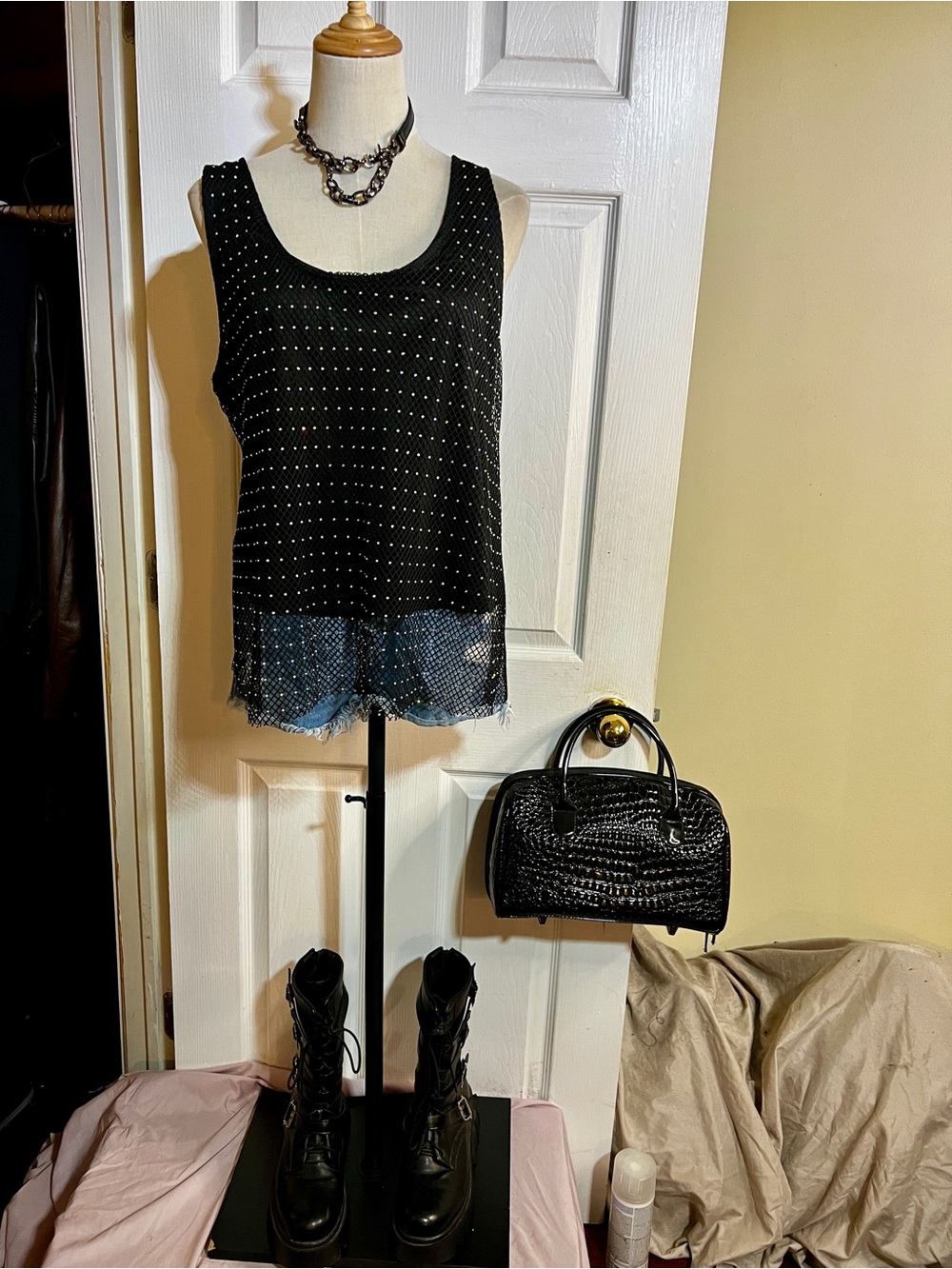 Intempo Wms Black Rhinestone Mesh Grunge Rave Festival Party Sleeveless Top XL